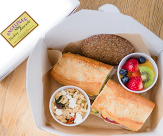 boxed lunch, catering, sandwich, orzo salad, fruit salad, panini